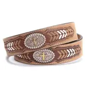 Genuine leather LIGHT BROWN WESTERN BELT Cross concho braiding 34 36 38 40 42 46