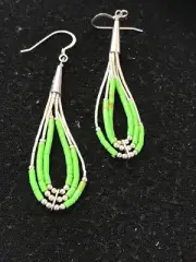 Green Gaspeite 3 Strands Heishi Liquid Sterling Silver Dangle Earrings 02021