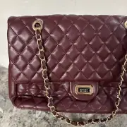BADGLEY MISCHKA Plum Quilted Vegan Leather Messenger Bag Chain Handle 12.5” New