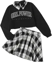 [Momkonzz] Girls Clothes Kids Outfits Plaid Skirt Set Letter Printed Crop Pullover Polo Top 7-14 Years