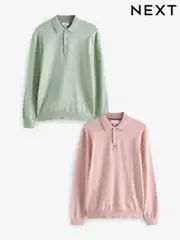 Sage Green/Light Pink Regular Fit Knitted Long Sleeve Polo Shirts 2 Pack (E26104) | $102
