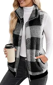 [KEOYA] Women's Sleeveless Vest Fuzzy Sherpa Fleece Jacket Zip Up Plaid Outerwear Vests with Pockets