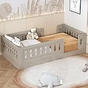 Bellemave Twin Size Floor Bed for Kids, Twin Floor Bed with High Fence, Wooden Montessori Floor Bed, Floor Bed Frame for Kids, Natural