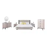 Queen 5 Pcs Bedroom Suite Fabric Upholstery MDF Combination of Champagne and Black Colour