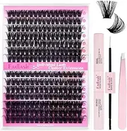 FADLASH Lash Extension DIY Kit Volume Fluffy Lash Clusters D Curl Cluster Lashes with Lash Bond and Seal Lash Tweezers for DIY Eyelash Extension at Home for Self Use（Kit 80D+100D-0.07D-12-18MIX）