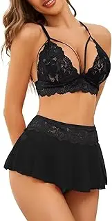 [Generic] Sexy Lingerie for Women Naughty 3 Piece Lace Bralette, Mini Skirt with G-String Crotchless Lingerie Set