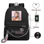 Ariana Grande Backpack Usb Chain Webbing School Bag Fashion Travel Bag Black