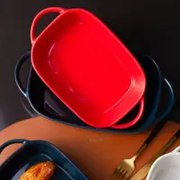 在飛比找ETMall東森購物網優惠-雙耳陶瓷烤盤芝士焗飯盤紅色大號家用微波爐烤箱專用烘焙烤碗盤子