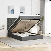 vidaxl Ottoman Bed Frame with Mattress - Double Fabric Dark Grey with Under-Bed Storage & led Lights