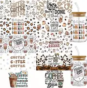 10 Sheets UV DTF Wrap Transfer for Cups, Coffee Wrap Transfer Decal for 16 oz Glass Cup, Coffee Lover Stickers for 16 oz Water Bottles, Set of 10 Sheets Waterproof Cup Print