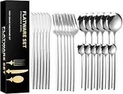 Portuguese Stainless Steel Tableware 24 Piece Set Western Style Steak Knives Forks Spoons with Gift Box Simple & Modern Cutlery Serving Set for 6 (Silver)