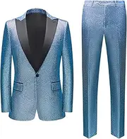 [JEShifangjiusu] Men's Two Piece Tuxedo Dress Suit with Trousers, One Button, Pointed Lapel for Club Party, Bright blue, L