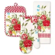 Pioneer Woman Sweet Rose Kitchen Towel Oven Mitt Potholder Red Floral 3-pc Gift