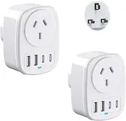 AU to UK Travel Adapter 2pcs, Autralia to UK Travel Plug with 4 USB Ports(2 USB C), Type G Travel Converter for AUS to Qatar Ireland Hong Kong England Scotland Kenya Dubai London British