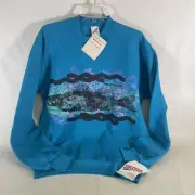 Vtg Jerez's Sweatshirt XL Turquoise Blue Wild Tracks Walleye Print -NWT