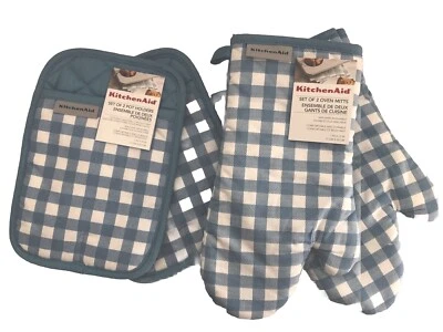 New KitchenAid Blue Velvet Set of 4 Potholders and Oven Mitts HBLA