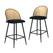 Oikiture Bar Stools Kitchen Counter Stool Rattan Dining Chair Velvet Black x2