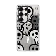 Galaxy S25 Ultra Clear Magnetic Case SKULLS ODD ONE OUT, B&W HALLOWEEN SKULL SPOOKY CREEPY DEATH PATTERN