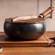 9.45'' Iron Wok Frying Wok Pan Gas Cookware Wood Lid Induction Cooker with