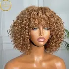 10 Inch Honey Blonde Human Hair Short Bob Curly Wig With Bangs Glueless Wigs