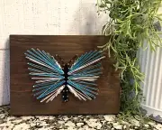 String Art Butterfly Home Decor Blue & White on Solid Wood Handmade 6.5 x 9"
