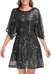 [NOYIVA] Womens Sequin Loose Dress Party Split Sleeves Casual Loose Mini Short Dresses