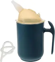 minkissy Elderly Spill Proof Cup with Straw Handle 400ml Drinking Bottles Adults Stainless Steel Feeding Resistant Leak-Proof for Pregnant Disabled Bedridden Patients-Blue
