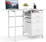 Giantex 2-in-1 Folding Computer Desk for Small Space, Rolling Home Office Desk with Drawers & Lockable Universal Wheels, Mobile Study Writing Desk for Living Room, Office, Bedroom & Study (White)