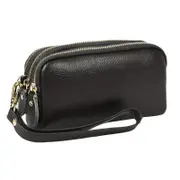 Ladies 3 Zipper Genuine Leather Wallet RFID Blocking Purse Credit Card Clutch - Blue