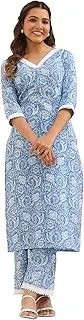 [Janasya] Indian Women's Light Blue Pure Cotton Kurta Kurti Top Tunic Casual wear Kurta Set for Women, Light Blue, Large