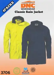 DNC 4PACKS Mens Classic Rain Jacket Waterproof Foldaway Hood Safety 3706