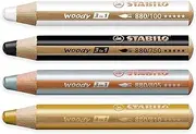 STABILO Multi-talented Pencil woody 3-in-1 - Pack of 4 - Black, White, Gold & Silver, (WOODY-4BWGS)
