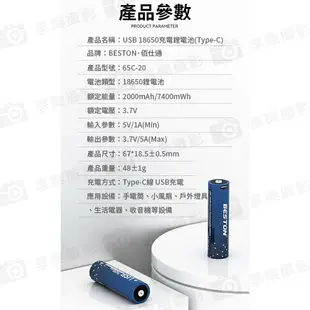 [享樂攝影]【Beston 18650 3.7V USB-C直充鋰電池 1入】2000mAh Type-C充電 尖頭電池 鋰電池 充電電池 適用手電筒 小風扇 戶外燈具 收音機 rechargeable lithium battery