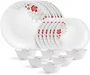KRISHANA EXPORT STORE Opalware Dazzle Series Scarlet Bliss Dinner Set, 18 Units | Opal Glass Dinner Set for 6 | Light-Weight, Daily Use Crockery Set for Dining | White Plate and Bowl Set