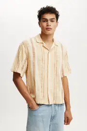 [Cotton On Men] Cotton On Men - Box Fit Short Sleeve Shirt - Apricot stripe S APRICOT STRIPE