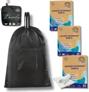 Travel Laundry Detergent Sheets, 3 Packs (20 Sheets) with Foldable Laundry Bag,