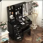 Dressing Table 6 Drawers Makeup Desk Dresser With LED Mirror Stool Bedroom Black
