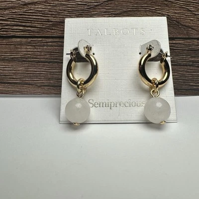 Talbots Semi Precious Stone Dangle Gold Tone Hoop Pierced Earrings NWT $34
