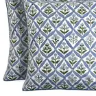 Elegant Light Steel Blue Block Print Cotton Pillow Covers - 18x18 Chic Style