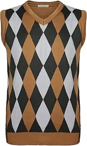 [Top Vendor] New Men Sleeveless Knitted V-Neck Argyle Pattern Jumper Top Sweater Vest with Ribbed Edge UK Size S M L XL, Camel-white, M