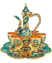 Igtazy Vintage Turkish Coffee Pot and Cups Set Gold & Blue 8 Pieces