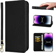 NanHou iPhone 14 Pro Max Case Microfiber Leather RFID Blocking Wallet Magnetic Closure Kickstand Wrist Strap Card Holder Shockproof Flip Cover - Black
