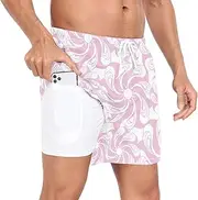 [GuoChe] Men's Swimwear Trunks Men's 2 in 1 Workout Running Shorts Valentine's Day Stylized Flowers Light Pink with Phone, Valentine's Day Stylized Flowers Light Pink, Large