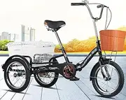 DEFGHIJ Adult Tricycle 16'' Three Wheels Cruiser Bike with Cargo Basket Single Speed Tricycle Suitable for Leisure Picnics & Shopping with Large Size Basket(Color:Black)