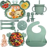 Kinyoda 10-Piece Silicone Baby Crockery Set, Non-Slip Children's Crockery Set with Suction Cup, Baby Feeding Set with Spoon, Fork, Bowl, Bib, Cup, Drinking Cup, Plate, Silicone Tableware Baby (Green)