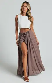 Under The Twilight Maxi Skirt - Thigh Split Skirt in Taupe