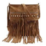 Women Faux Suede Crossbody Shoulder Bag Fringe Weave Tassel Messenger Handbag- Camel