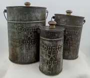 Country Living Metal Cannisters Wood Knob Lids Wood Wire Handles Set of 3 Sizes