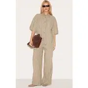 Green Pinstripe Drawstring Straight Leg Pants, Green