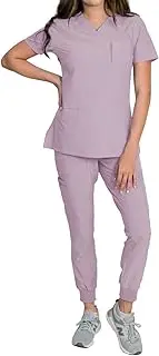 [Medgear] Fleur Women's Stretch Scrub Set with Zip Chest Pocket Top and Knit Rib Cuffs Jogger Pants
